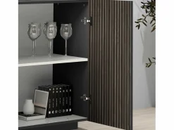 Aparador Coste con 4 puertas efecto cannetè antracita mate y madera oscura 200x43x86 cm^