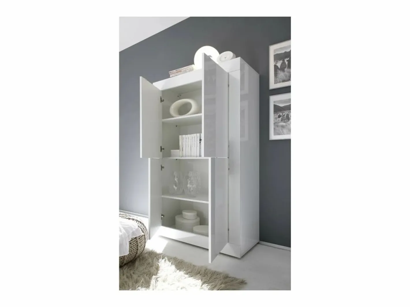 Meublorama Aparador de 4 puertas ISORA – lacado brillante – Diseño moderno y funcional Blanco Best