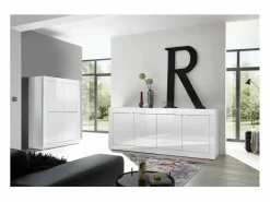 Meublorama Aparador de 4 puertas ISORA – lacado brillante – Diseño moderno y funcional Blanco Best