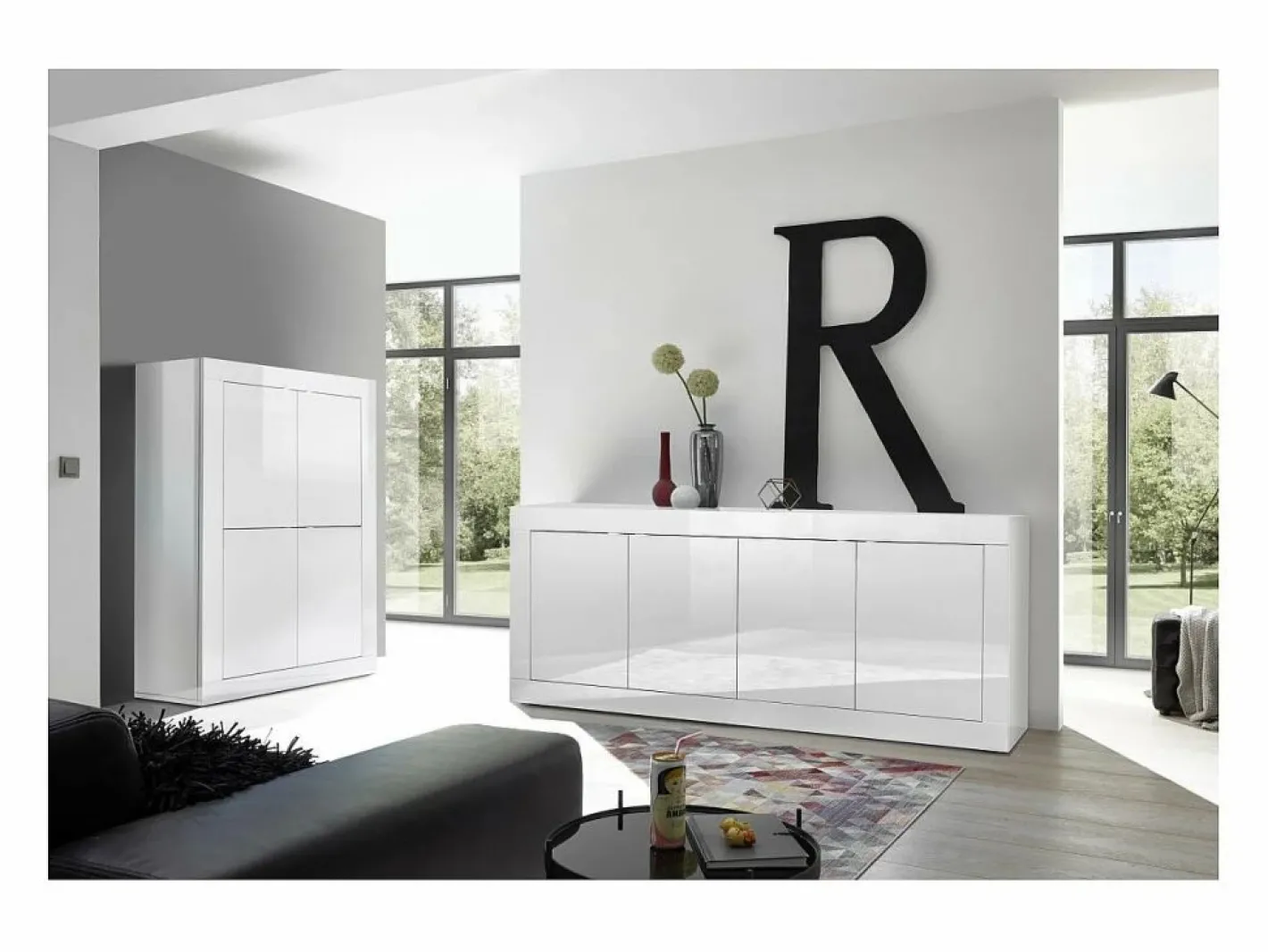 Meublorama Aparador de 4 puertas ISORA – lacado brillante – Diseño moderno y funcional Blanco Best