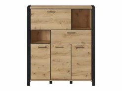 Meublorama Vitrina Para Vajilla|Aparador de 4 puertas y 1 cajón colección TIVORA. Color roble y negro. LED incluidos.