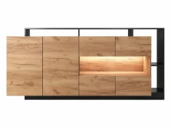 Vente-unique Aparador|Aparador de 4 puertas y 4 compartimentos con LEDs - Natural claro y Antracita - IDESIA