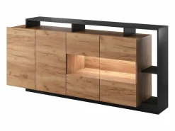 Vente-unique Aparador|Aparador de 4 puertas y 4 compartimentos con LEDs - Natural claro y Antracita - IDESIA