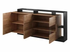Vente-unique Aparador|Aparador de 4 puertas y 4 compartimentos con LEDs - Natural claro y Antracita - IDESIA