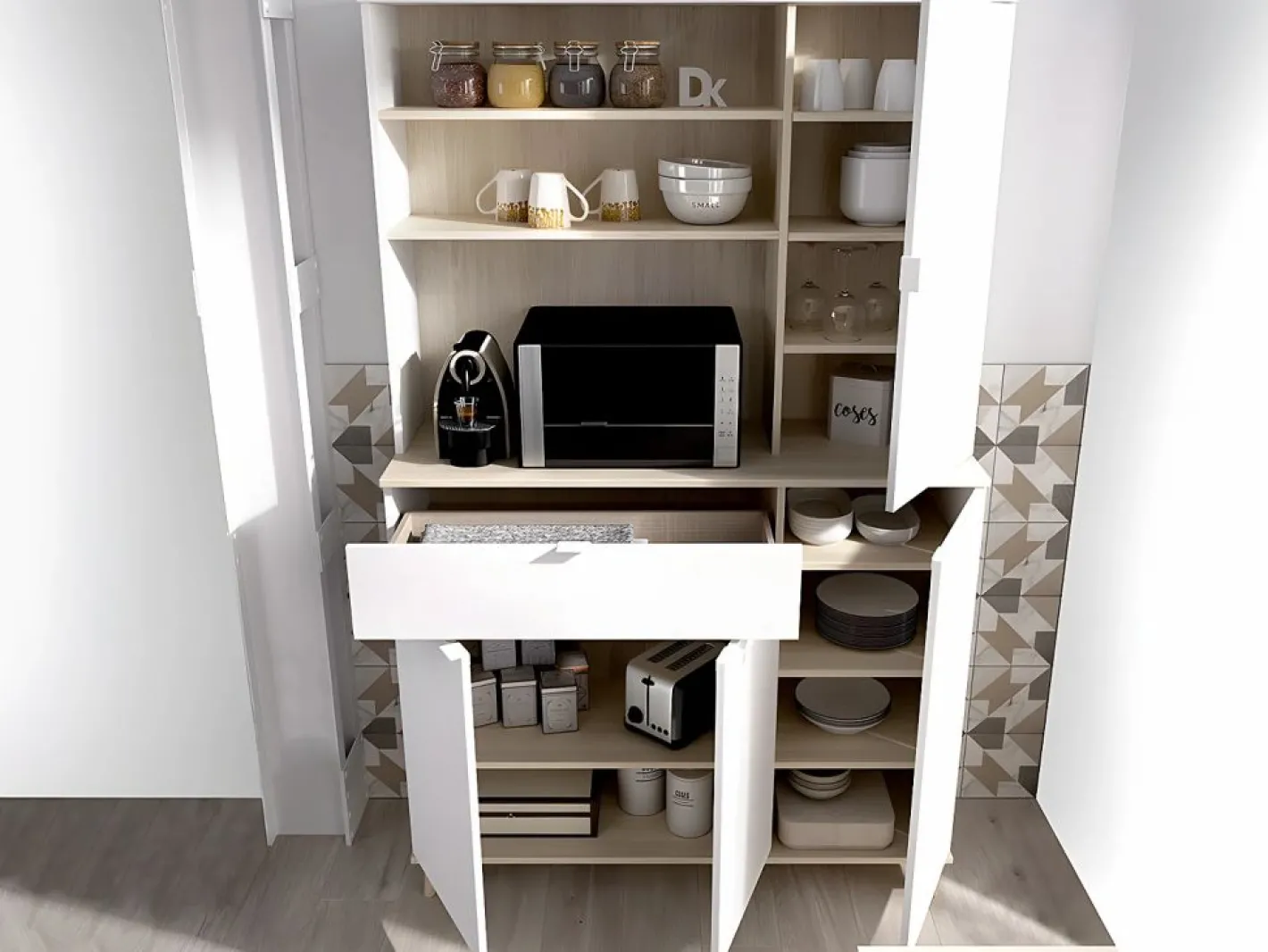 Vente-unique Aparador De Cocina|Aparador de cocina - 4 puertas, 1 cajón y 3 estantes - Blanco y roble - WAJDI