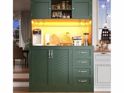 Merax Aparador de cocina - 120 x 40 x 188 cm - con 4 puertas + LED + portavasos + cajones + estante snack - MDF - Verde Outlet