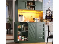 Merax Aparador de cocina - 120 x 40 x 188 cm - con 4 puertas + LED + portavasos + cajones + estante snack - MDF - Verde Outlet