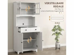 Aparador De Cocina|Aparador de cocina con 2 cajones y puertas de cristal, espacio para guardar vajilla, 68 x 39,5 x 170 cm,