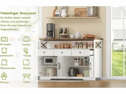 Aparador de cocina con 4 puertas - 140 x 95 x 35 cm - armarios con estantes + 3 cajones - MDF -^Merax Best