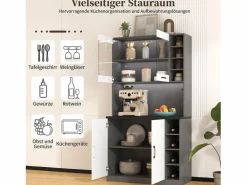Merax Aparador De Cocina|Aparador de cocina con 4 puertas y compartimentos - 100 x 47 x 187 cm - Madera MDF - LEDs y canales para cables -