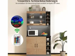 Merax Aparador de cocina con 4 puertas y compartimentos - 100 x 47 x 187 cm - Madera MDF - LED y canales para cables - Natural + gris Color natural claro Online