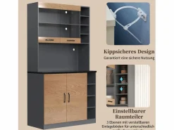 Merax Aparador de cocina con 4 puertas y compartimentos - 100 x 47 x 187 cm - Madera MDF - LED y canales para cables - Natural + gris Color natural claro Online
