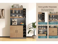 Merax Aparador de cocina con 4 puertas y compartimentos - 100 x 47 x 187 cm - Madera MDF - LED y canales para cables - Natural + gris Color natural claro Online