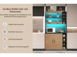 Merax Aparador de cocina con 4 puertas y compartimentos - 100 x 47 x 187 cm - Madera MDF - LED y canales para cables - Natural + gris Color natural claro Online