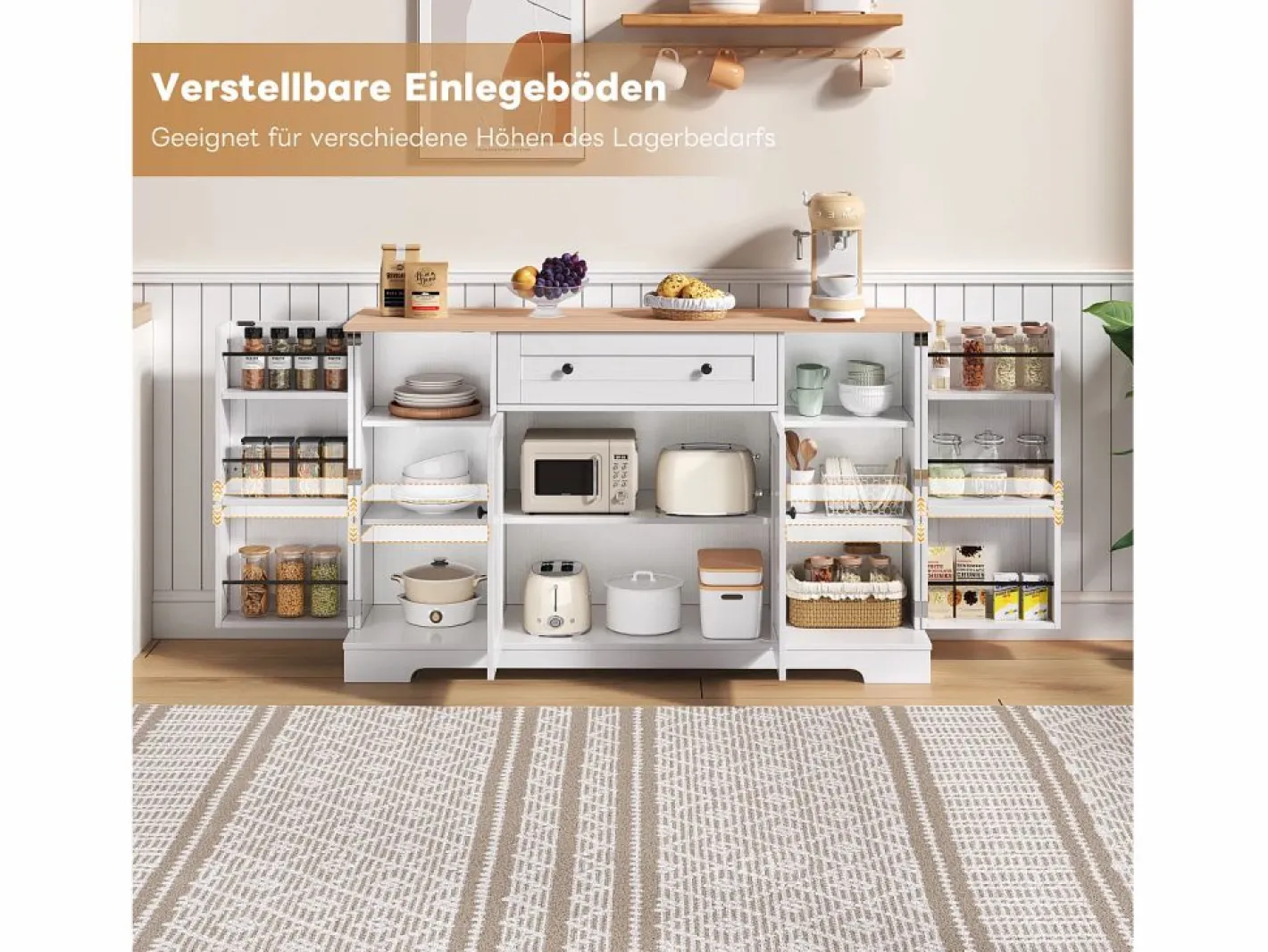 Aparador de cocina con 4 puertas y 1 cajón - 138 x 40 x 85 cm - Madera MDF - Estantes regulables - Natural +^Merax Clearance