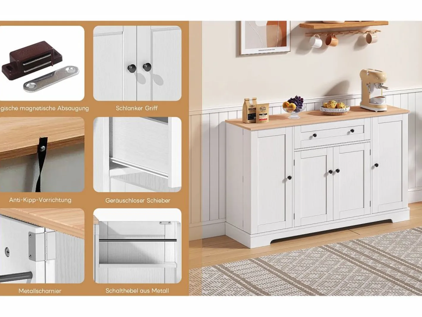 Aparador de cocina con 4 puertas y 1 cajón - 138 x 40 x 85 cm - Madera MDF - Estantes regulables - Natural +^Merax Clearance