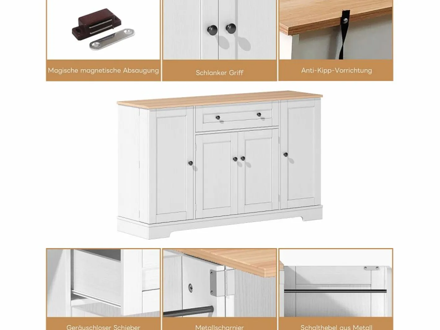 Aparador de cocina con 4 puertas y 1 cajón - 138 x 40 x 85 cm - Madera MDF - Estantes regulables - Natural +^Merax Clearance