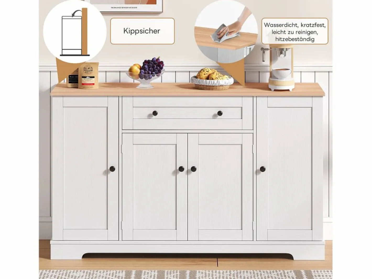 Aparador de cocina con 4 puertas y 1 cajón - 138 x 40 x 85 cm - Madera MDF - Estantes regulables - Natural +^Merax Clearance