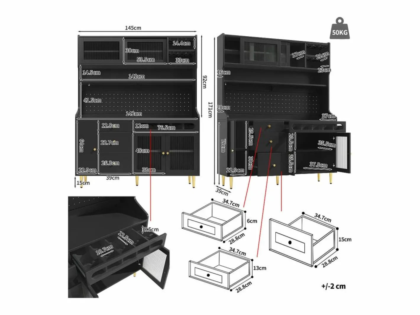 Aparador de cocina con iluminación LED, 4 puertas, 3 cajones y botellero -^Hauss Spole Online