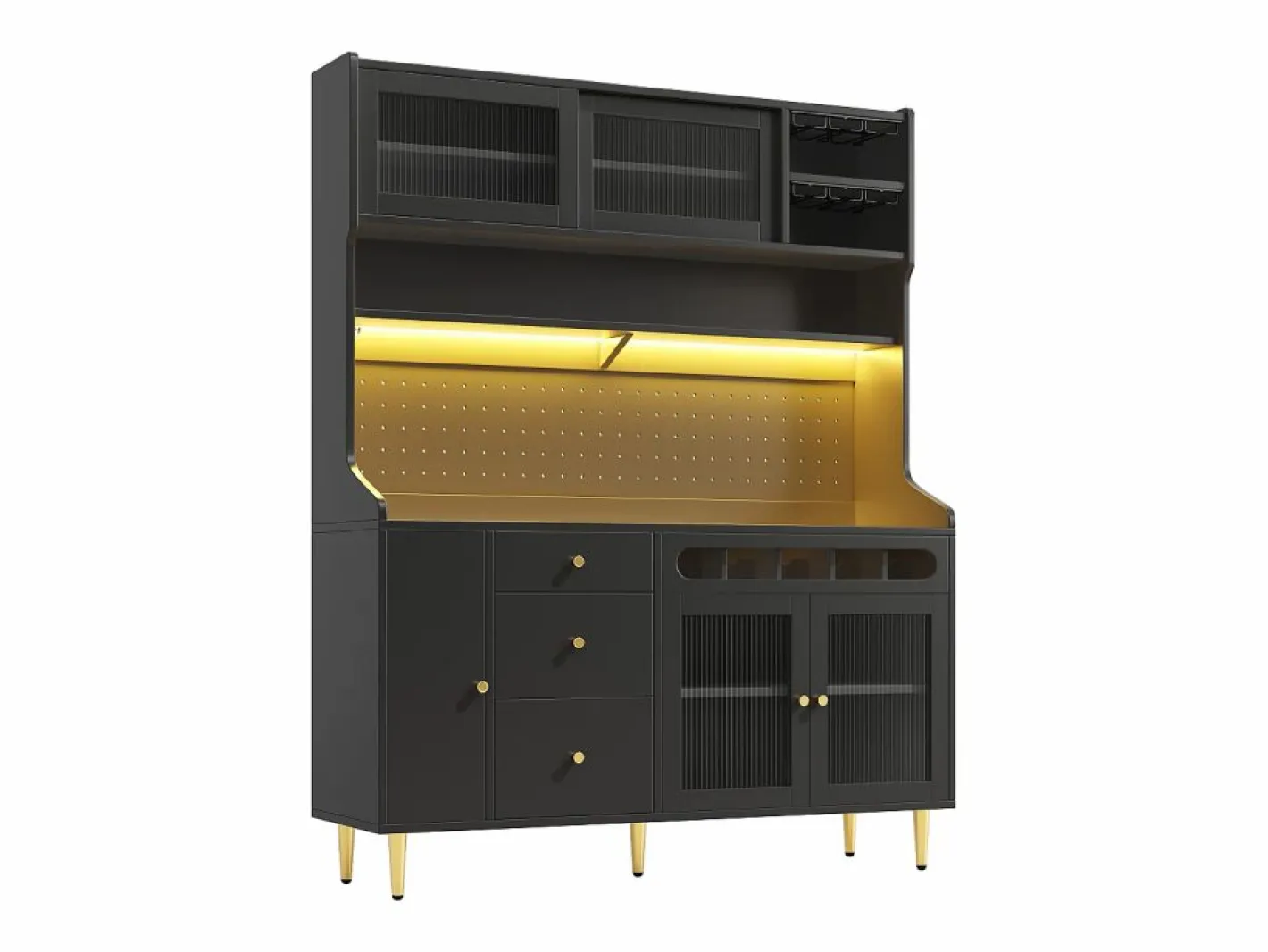 Aparador de cocina con iluminación LED, 4 puertas, 3 cajones y botellero -^Hauss Spole Online