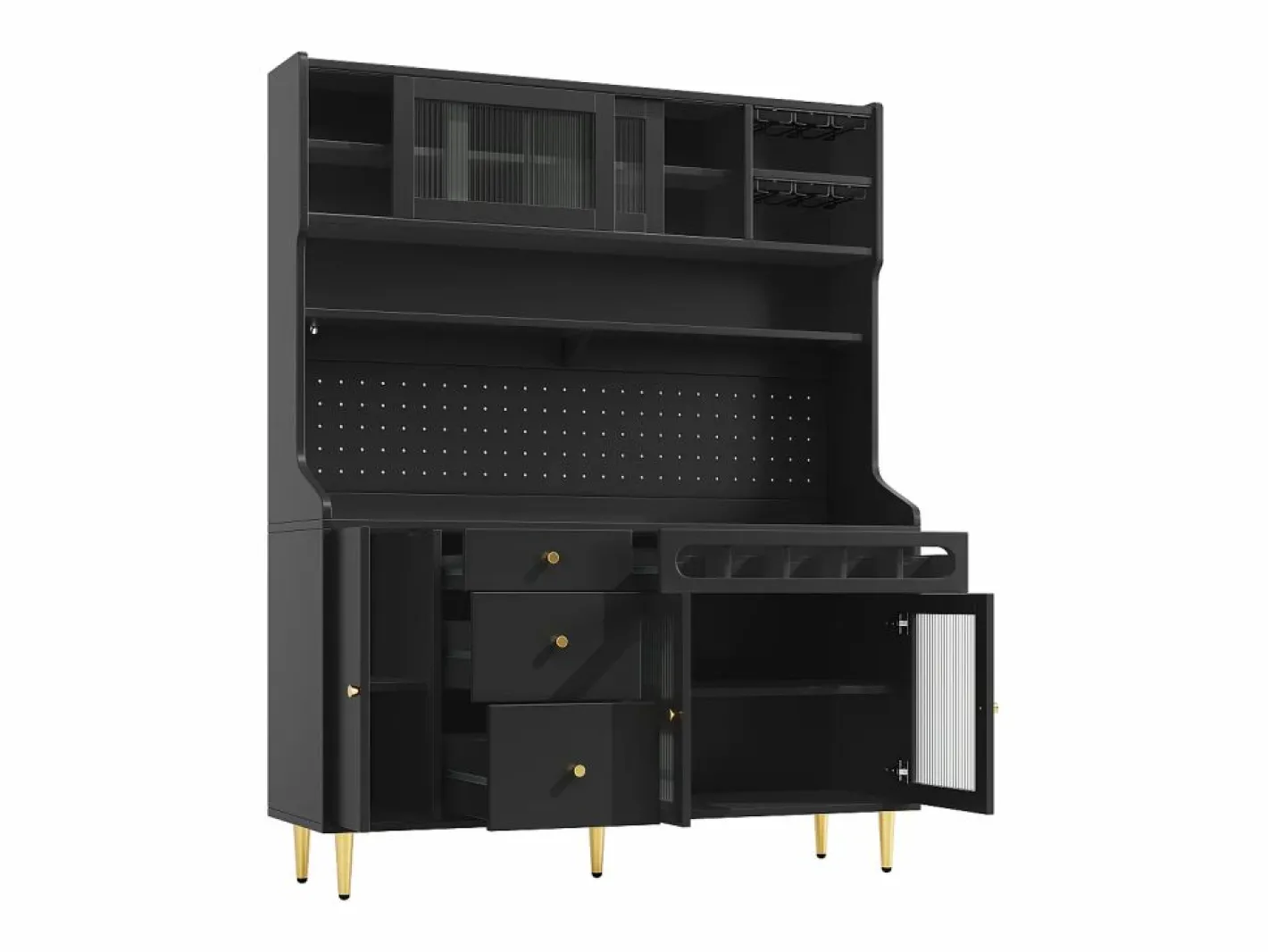 Aparador de cocina con iluminación LED, 4 puertas, 3 cajones y botellero -^Hauss Spole Online