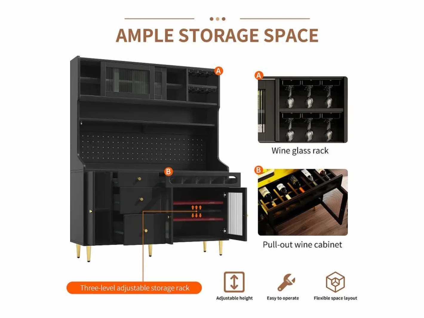 Aparador de cocina con iluminación LED, 4 puertas, 3 cajones y botellero -^Hauss Spole Online