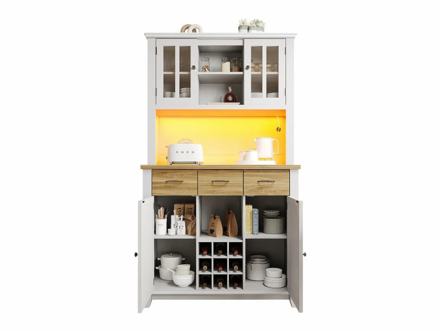 Aparador de cocina con iluminación LED, 3 cajones y 4 puertas - estantes regulables - y madera^Hauss Spole Hot