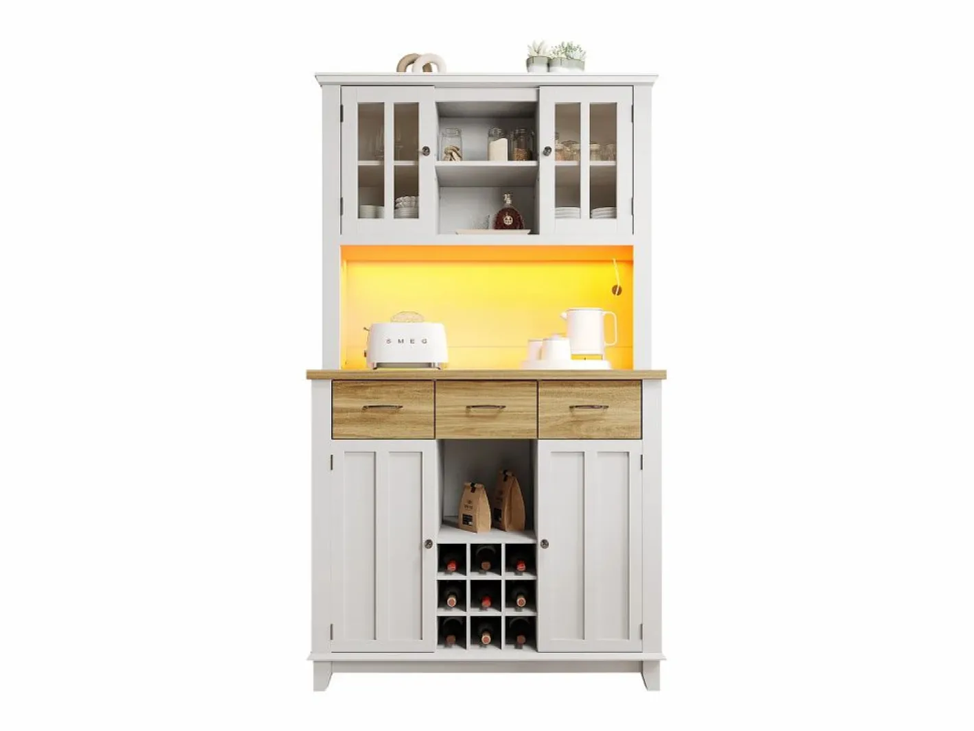 Aparador de cocina con iluminación LED, 3 cajones y 4 puertas - estantes regulables - y madera^Hauss Spole Hot