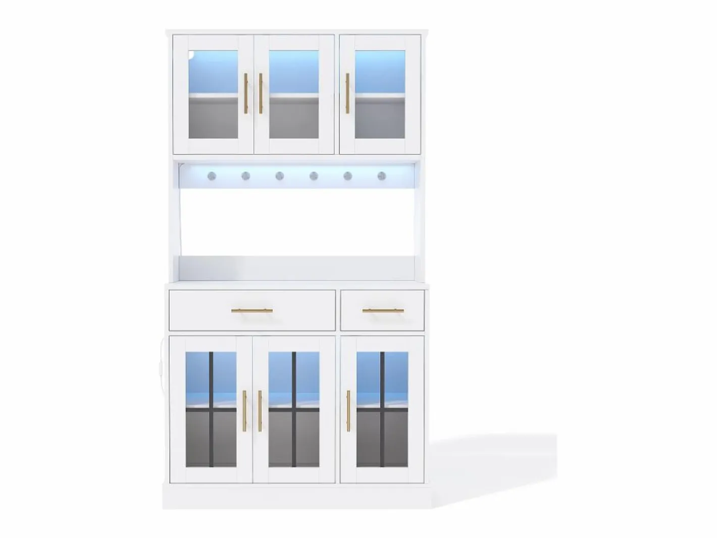 Hauss Spole Aparador de cocina con iluminación LED, toma de corriente, 6 puertas de cristal y 2 cajones - Estantes regulables - Blanco Hot