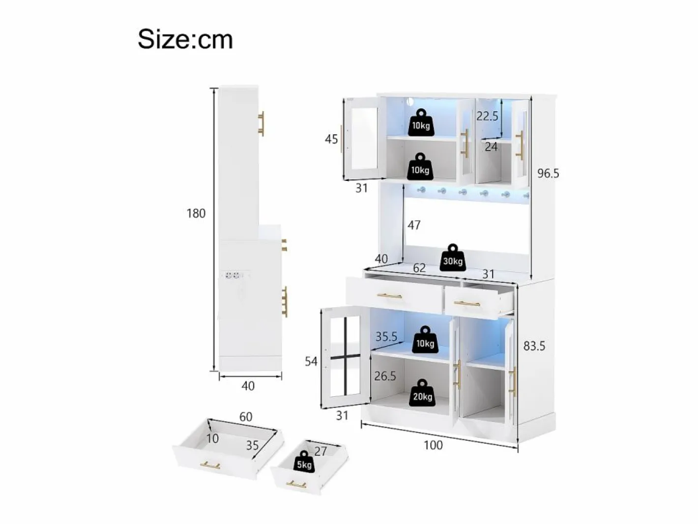 Hauss Spole Aparador de cocina con iluminación LED, toma de corriente, 6 puertas de cristal y 2 cajones - Estantes regulables - Blanco Hot
