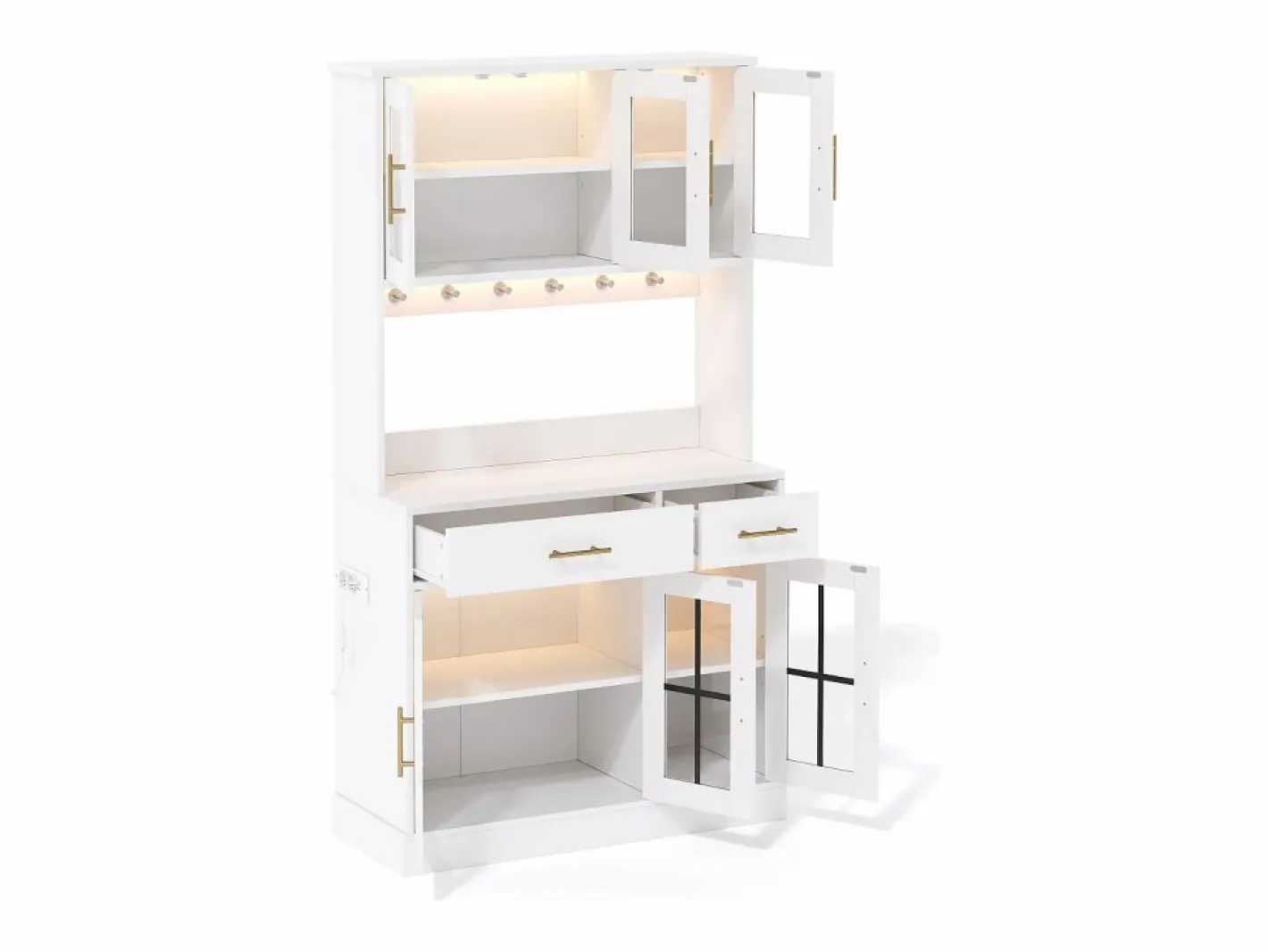 Hauss Spole Aparador de cocina con iluminación LED, toma de corriente, 6 puertas de cristal y 2 cajones - Estantes regulables - Blanco Hot