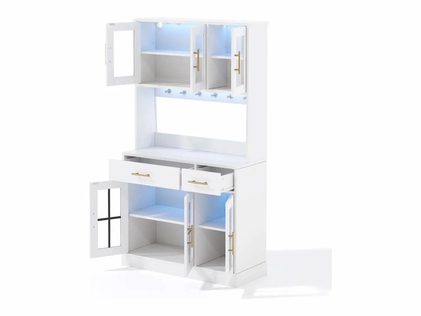 Hauss Spole Aparador de cocina con iluminación LED, toma de corriente, 6 puertas de cristal y 2 cajones - Estantes regulables - Blanco Hot