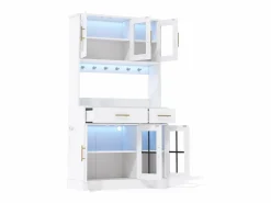 Hauss Spole Aparador de cocina con iluminación LED, toma de corriente, 6 puertas de cristal y 2 cajones - Estantes regulables - Blanco Hot