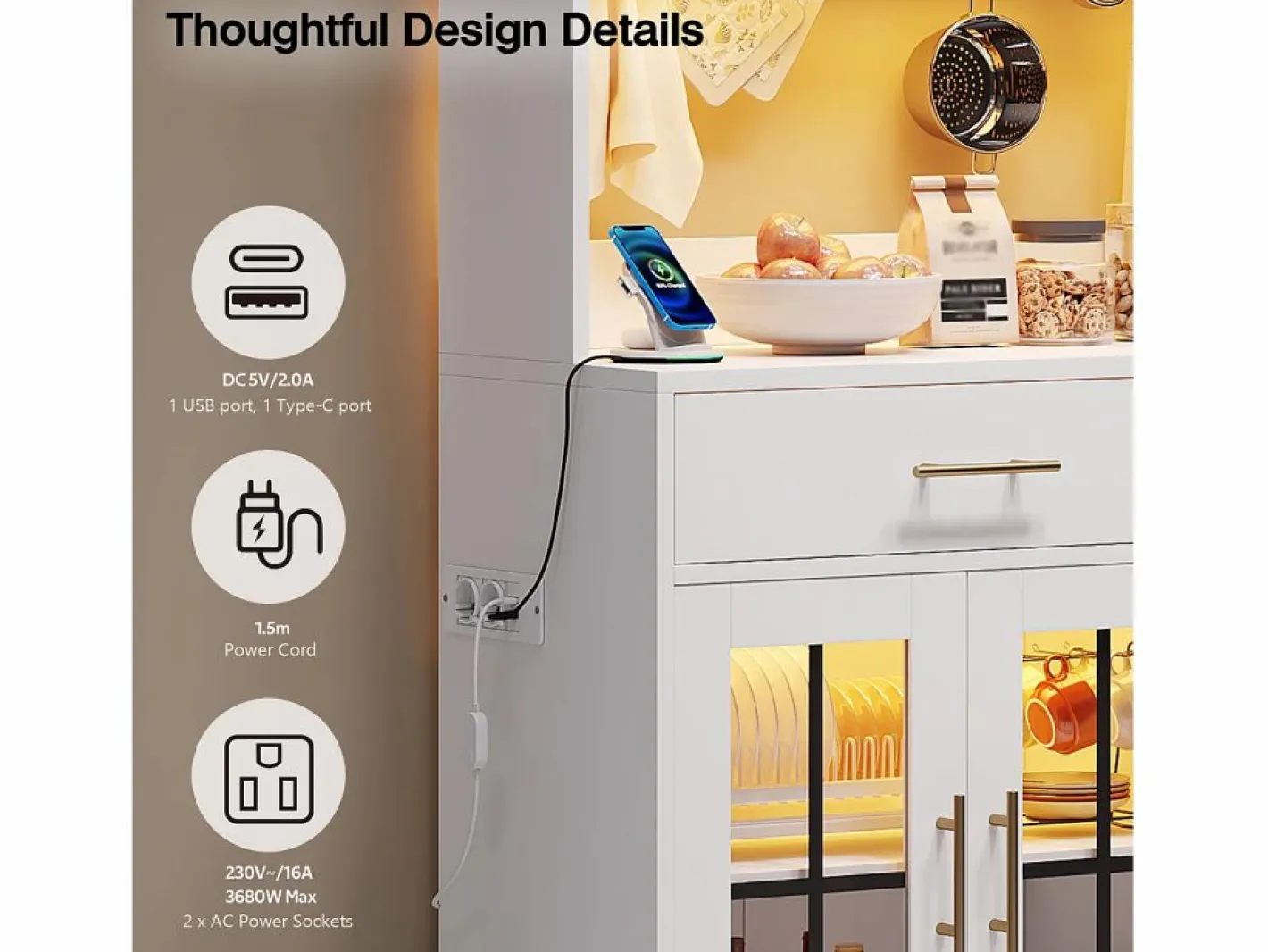 Hauss Spole Aparador de cocina con iluminación LED, toma de corriente, 6 puertas de cristal y 2 cajones - Estantes regulables - Blanco Hot