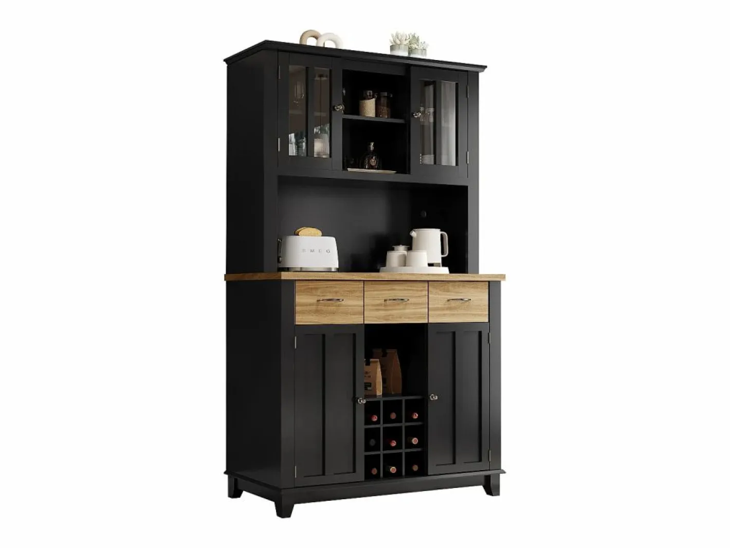 Hauss Spole Aparador De Cocina|Aparador de cocina con iluminación LED, 3 cajones y 4 puertas - estantes regulables - y madera
