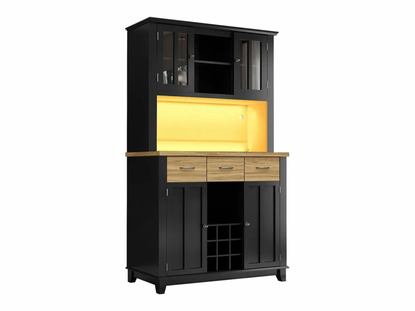 Hauss Spole Aparador De Cocina|Aparador de cocina con iluminación LED, 3 cajones y 4 puertas - estantes regulables - y madera