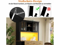 Hauss Spole Aparador De Cocina|Aparador de cocina con iluminación LED, 3 cajones y 4 puertas - estantes regulables - y madera