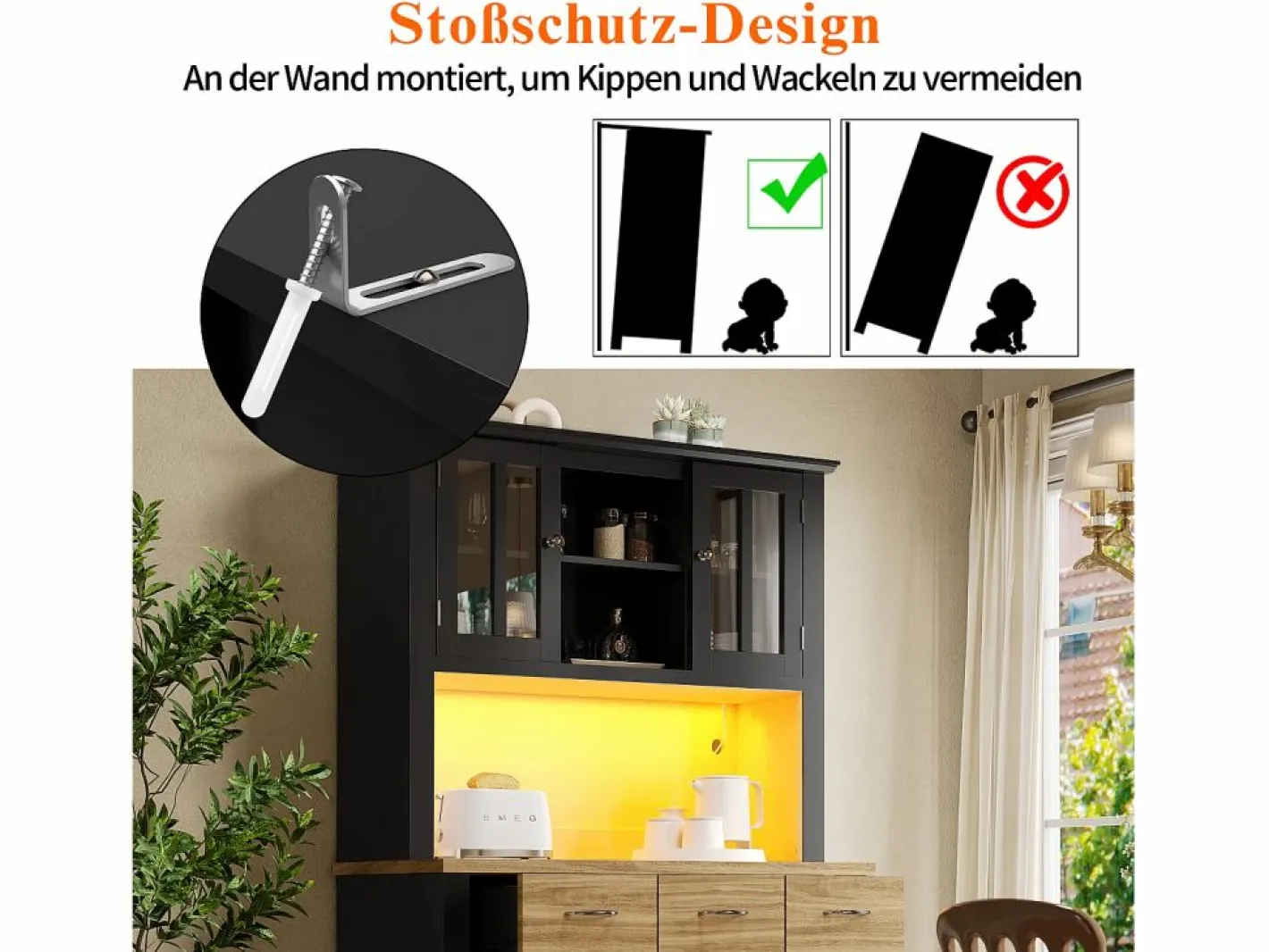 Hauss Spole Aparador De Cocina|Aparador de cocina con iluminación LED, 3 cajones y 4 puertas - estantes regulables - y madera