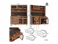 Hauss Spole Aparador De Cocina|Aparador de cocina con iluminación LED, 4 puertas, 3 cajones y botellero - Color nogal