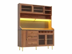 Hauss Spole Aparador De Cocina|Aparador de cocina con iluminación LED, 4 puertas, 3 cajones y botellero - Color nogal