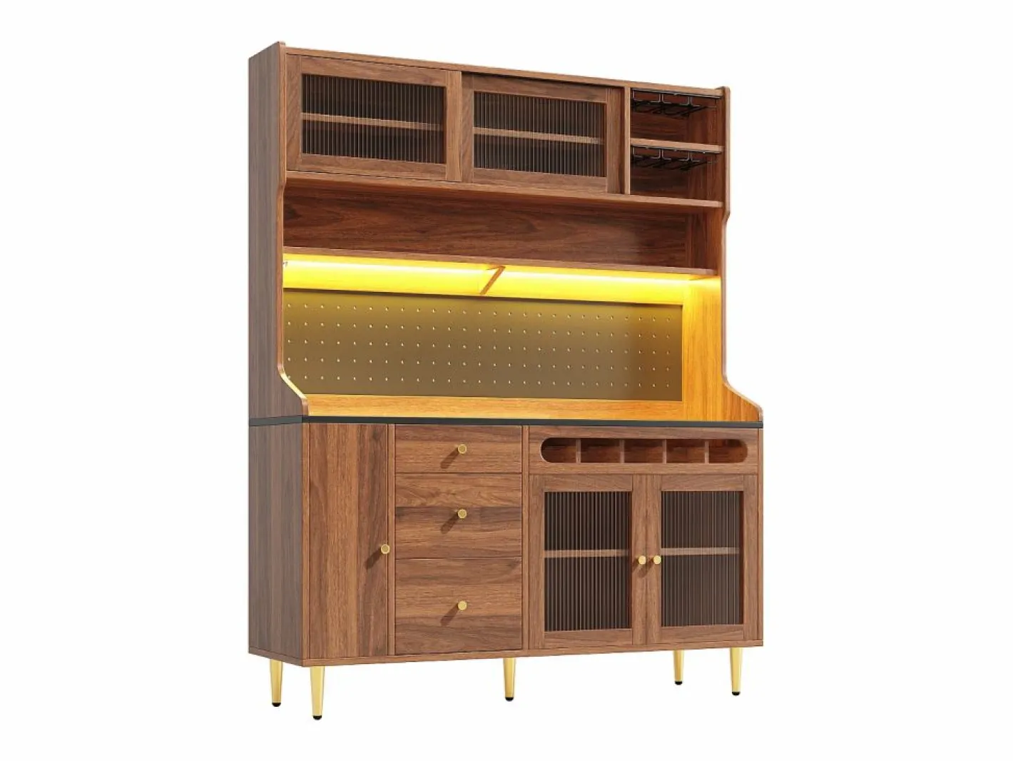 Hauss Spole Aparador De Cocina|Aparador de cocina con iluminación LED, 4 puertas, 3 cajones y botellero - Color nogal