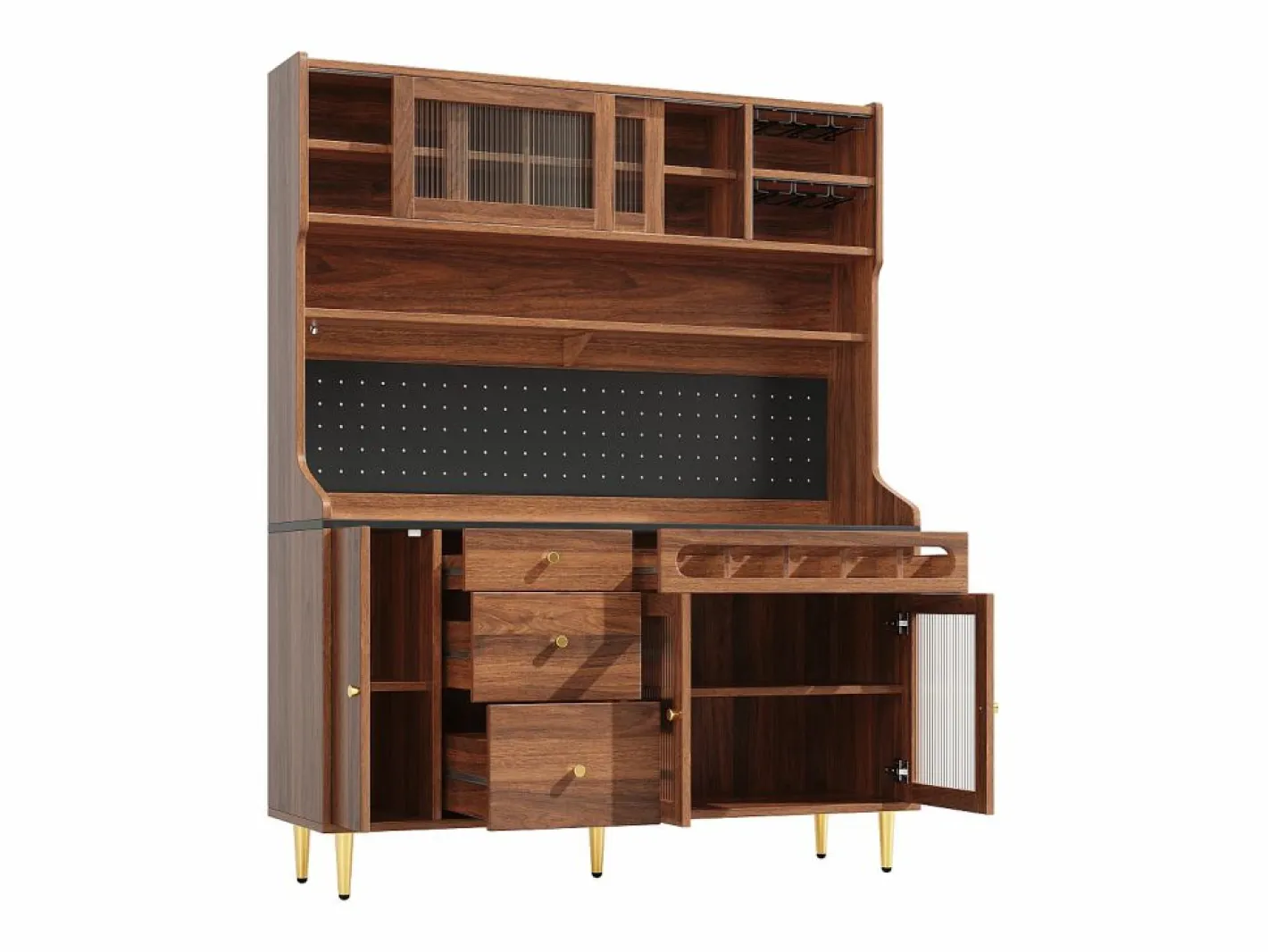 Hauss Spole Aparador De Cocina|Aparador de cocina con iluminación LED, 4 puertas, 3 cajones y botellero - Color nogal