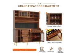 Hauss Spole Aparador De Cocina|Aparador de cocina con iluminación LED, 4 puertas, 3 cajones y botellero - Color nogal