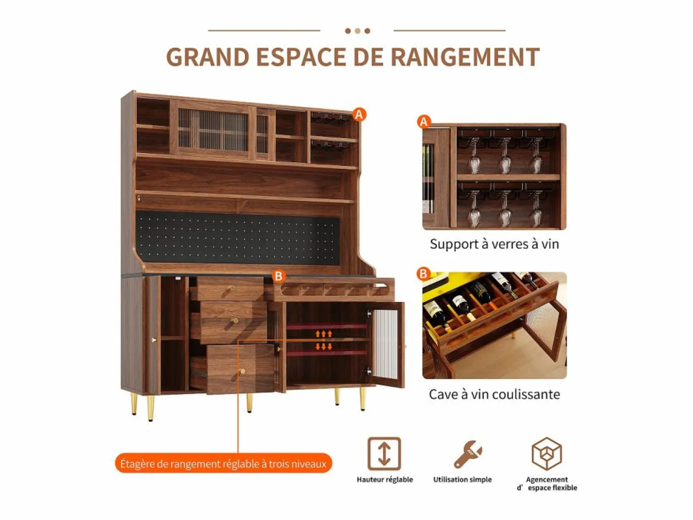 Hauss Spole Aparador De Cocina|Aparador de cocina con iluminación LED, 4 puertas, 3 cajones y botellero - Color nogal