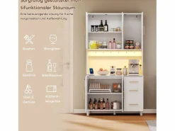Merax Aparador de cocina con LED - 100 x 40 x 183 cm - con USB + enchufes + estantes regulables + 3 cajones - MDF - Blanco Sale