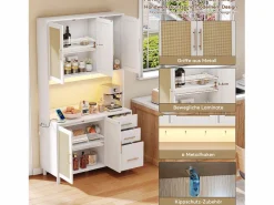 Merax Aparador de cocina con LED - 100 x 40 x 183 cm - con USB + enchufes + estantes regulables + 3 cajones - MDF - Blanco Sale
