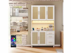 Merax Aparador de cocina con LED - 100 x 40 x 183 cm - con USB + enchufes + estantes regulables + 3 cajones - MDF - Blanco Sale