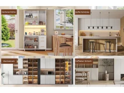 Merax Aparador de cocina con LED - 100 x 40 x 183 cm - con USB + enchufes + estantes regulables + 3 cajones - MDF - Blanco Sale