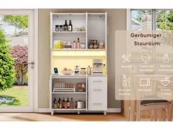 Merax Aparador de cocina con LED - 100 x 40 x 183 cm - con USB + enchufes + estantes regulables + 3 cajones - MDF - Blanco Sale