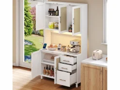Merax Aparador de cocina con LED - 100 x 40 x 183 cm - con USB + enchufes + estantes regulables + 3 cajones - MDF - Blanco Sale